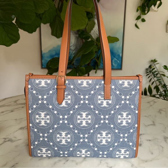 Tory Burch Denim T Monogram Small Tote Blue with Tan...